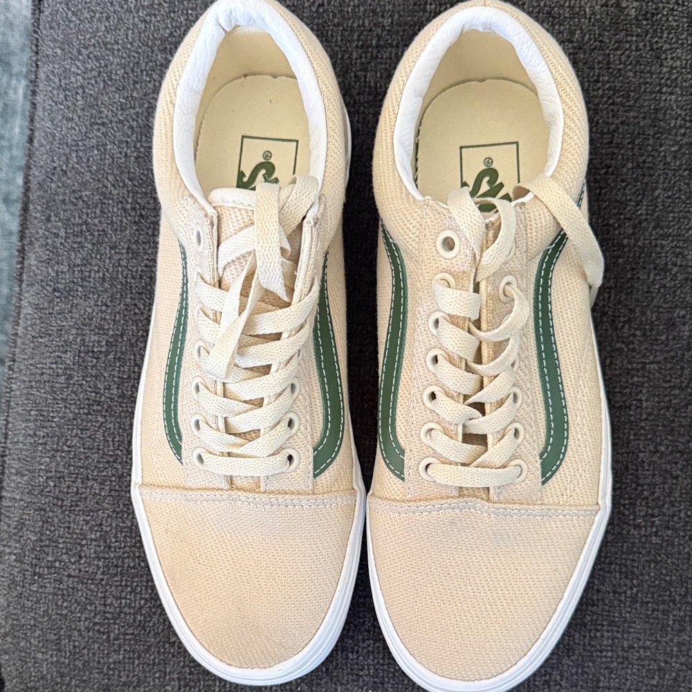 Vans Cream Canvas Sneakers with Green Side Stripe